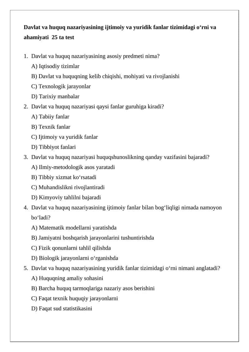 Davlat va huquq nazariyasi test savollari 1