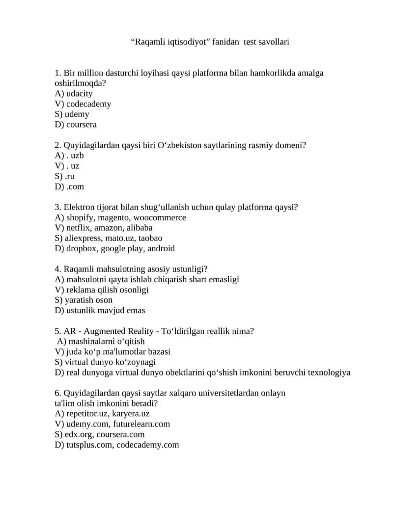 Raqamli iqtisodiyot fanidan yakuniy test savollari 1