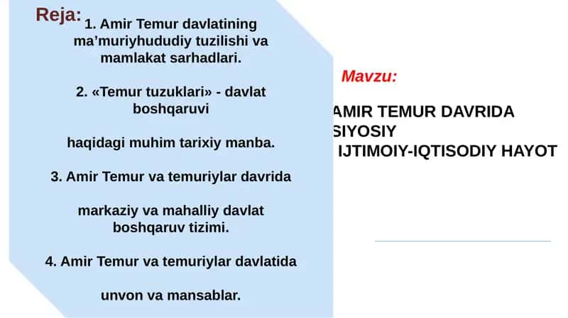 AMIR TEMUR DAVRIDA SIYOSIY IJTIMOIY-IQTISODIY HAYOT 1
