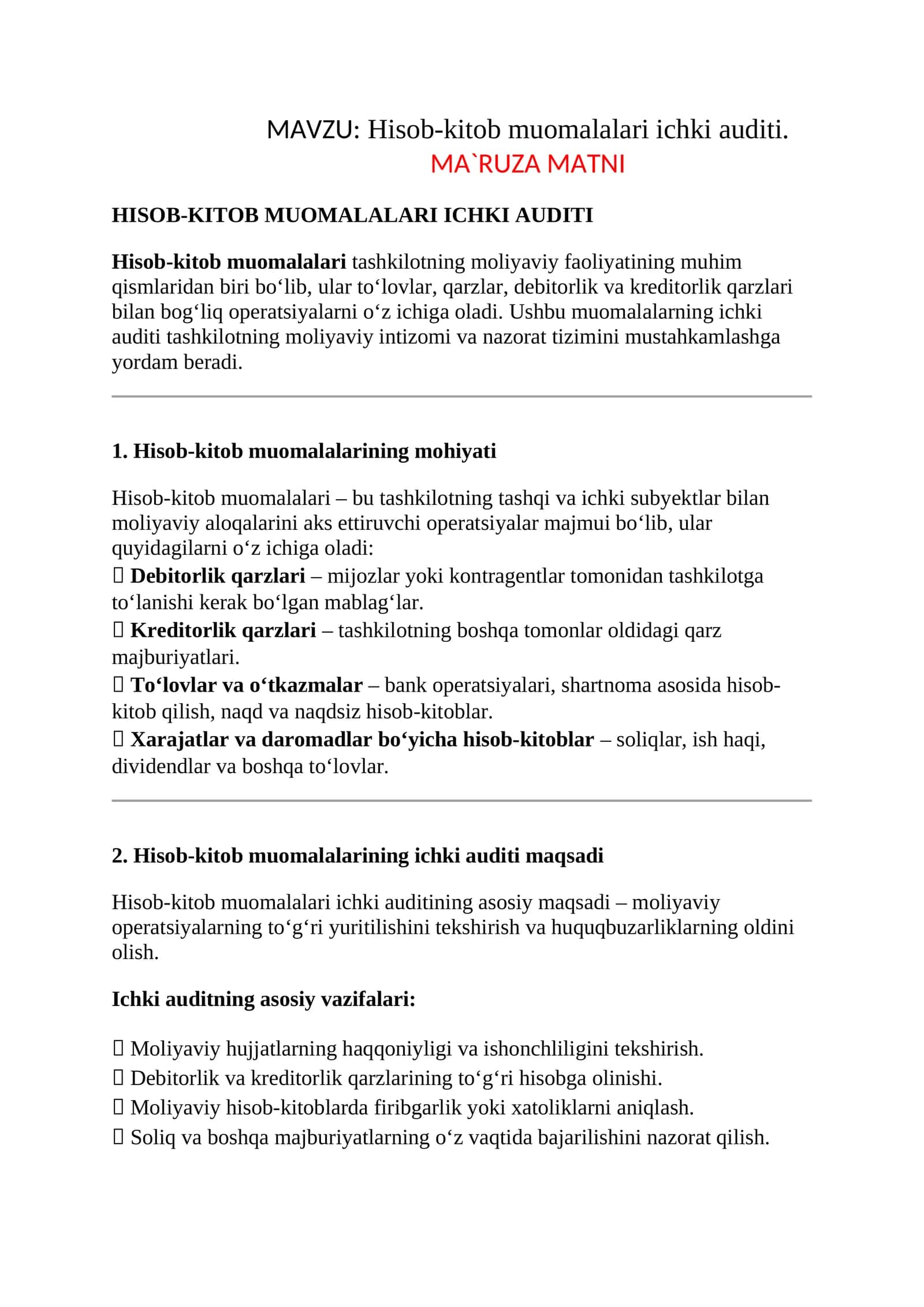 Hisob-kitob muomalalari ichki auditi 1