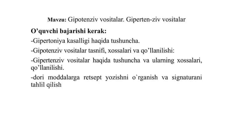Gipotenziv vositalar. Gipertenziv vositalar 1