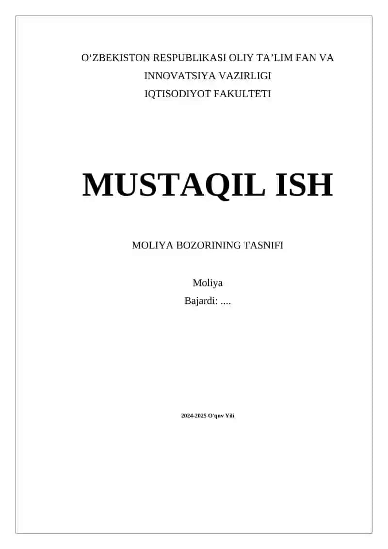 Moliya Bozorining Tasnifi