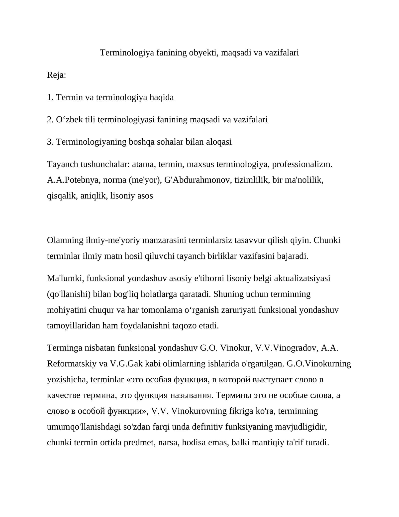 Terminologiya fanining obyekti, maqsadi va vazifalari 1