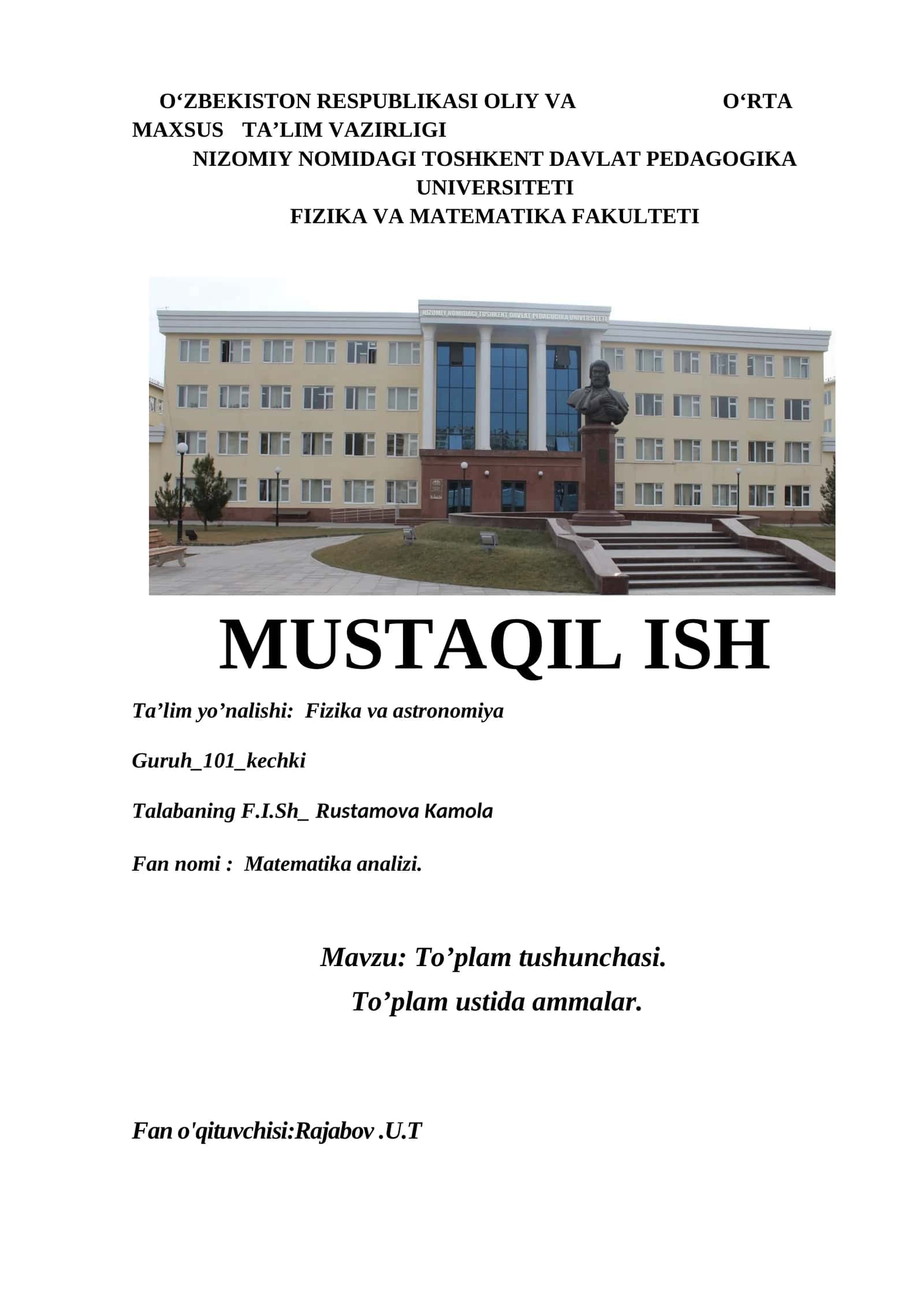 Matematika analizi - To'plam tushunchasi 1