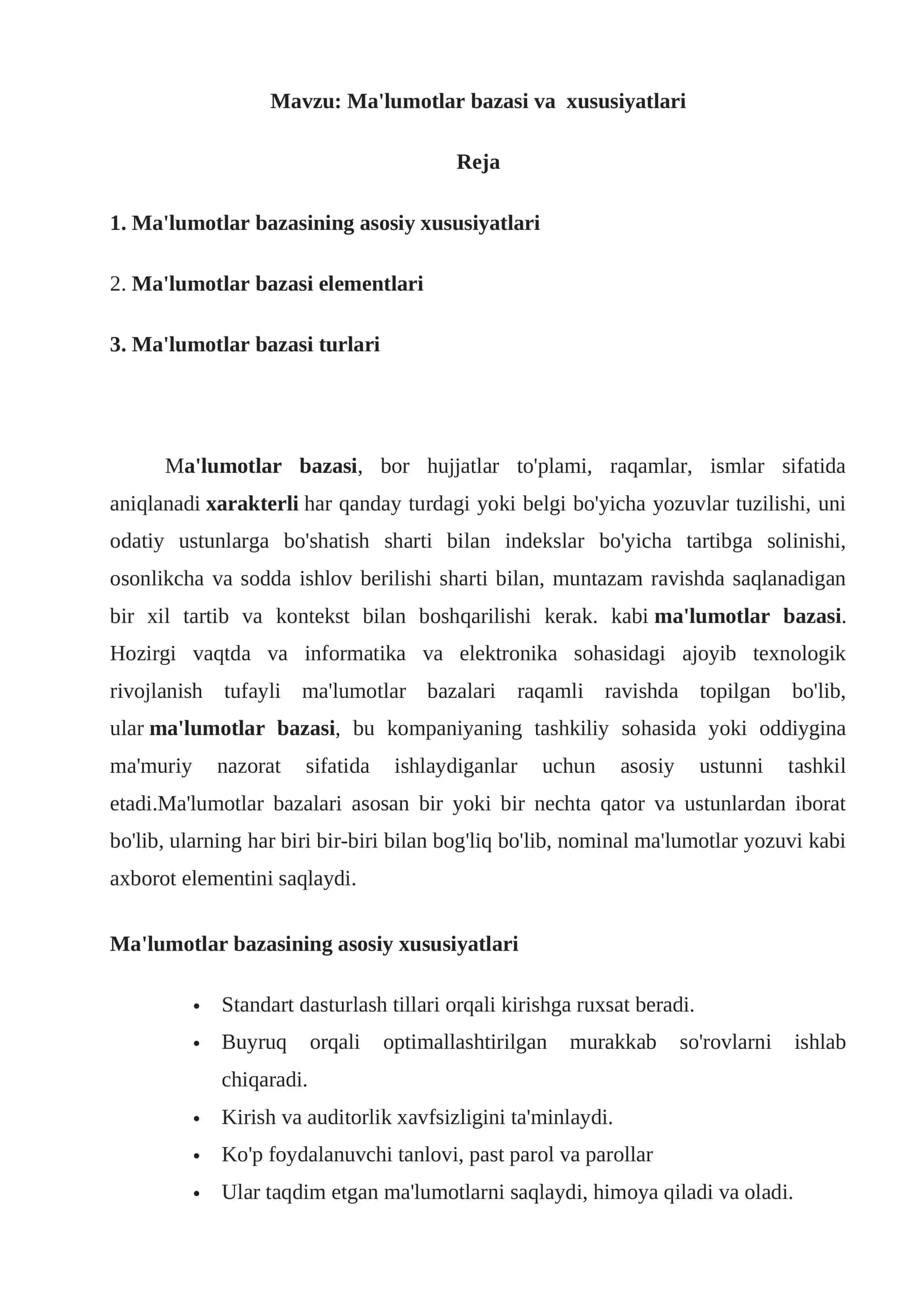 Ma'lumotlar bazasi va xususiyatlari 1