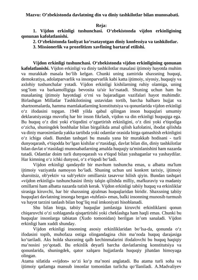 O’zbekistonda davlatning din va diniy tashkilotlar bilan munosabati 1