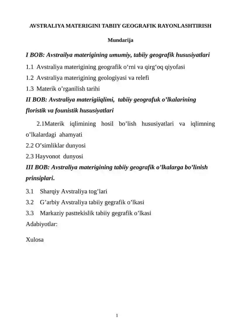 AVSTRALIYA MATERIGINI TABIIY GEOGRAFIK RAYONLASHTIRISH