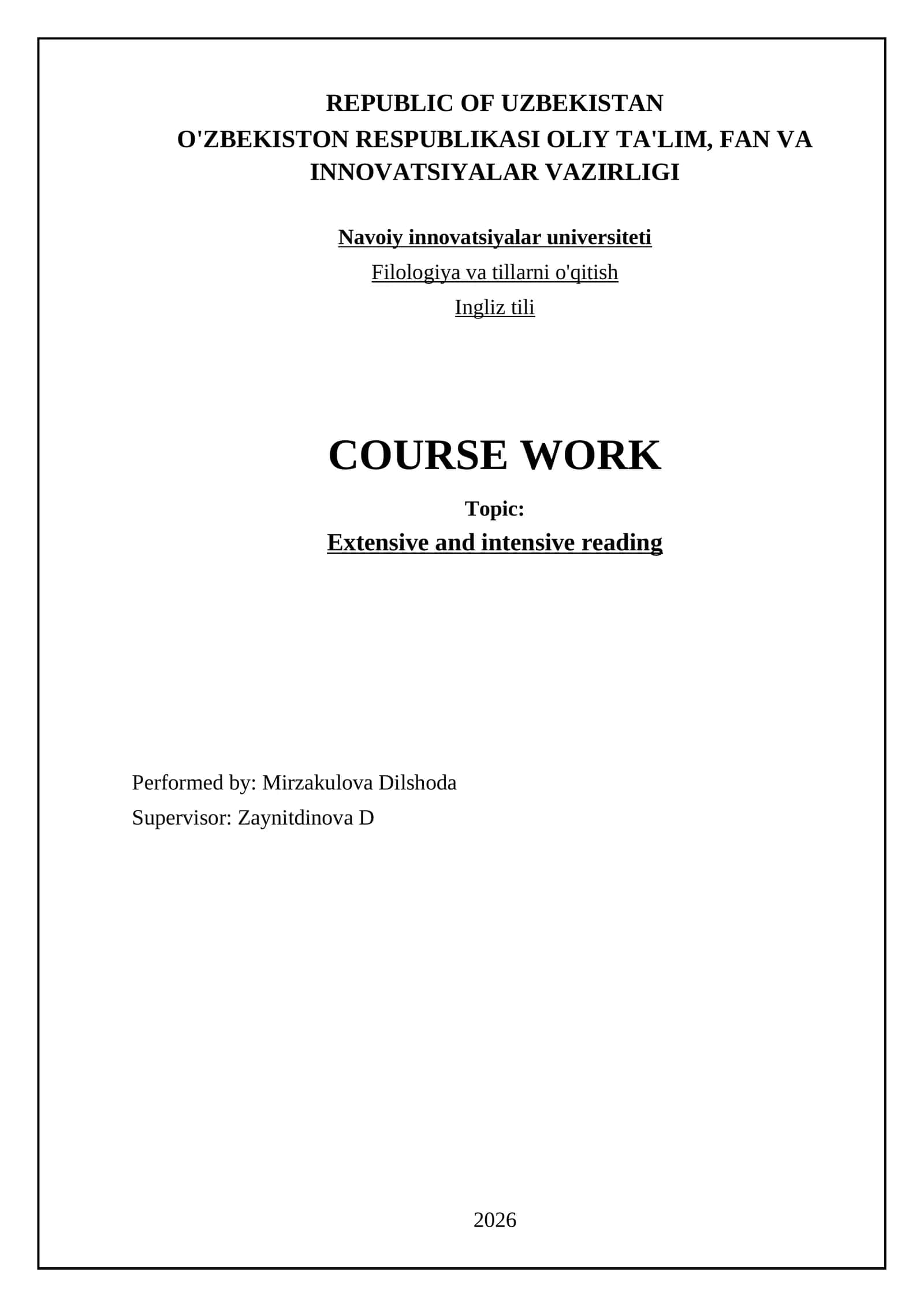 Extensive and Intensive Reading Course Work 1