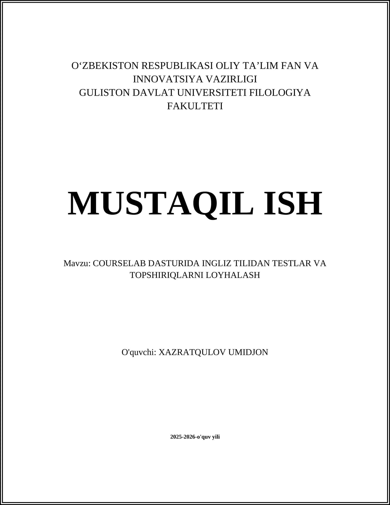 CourseLab dasturida Ingliz tilidan testlar va topshiriqalarni loyhalash 1