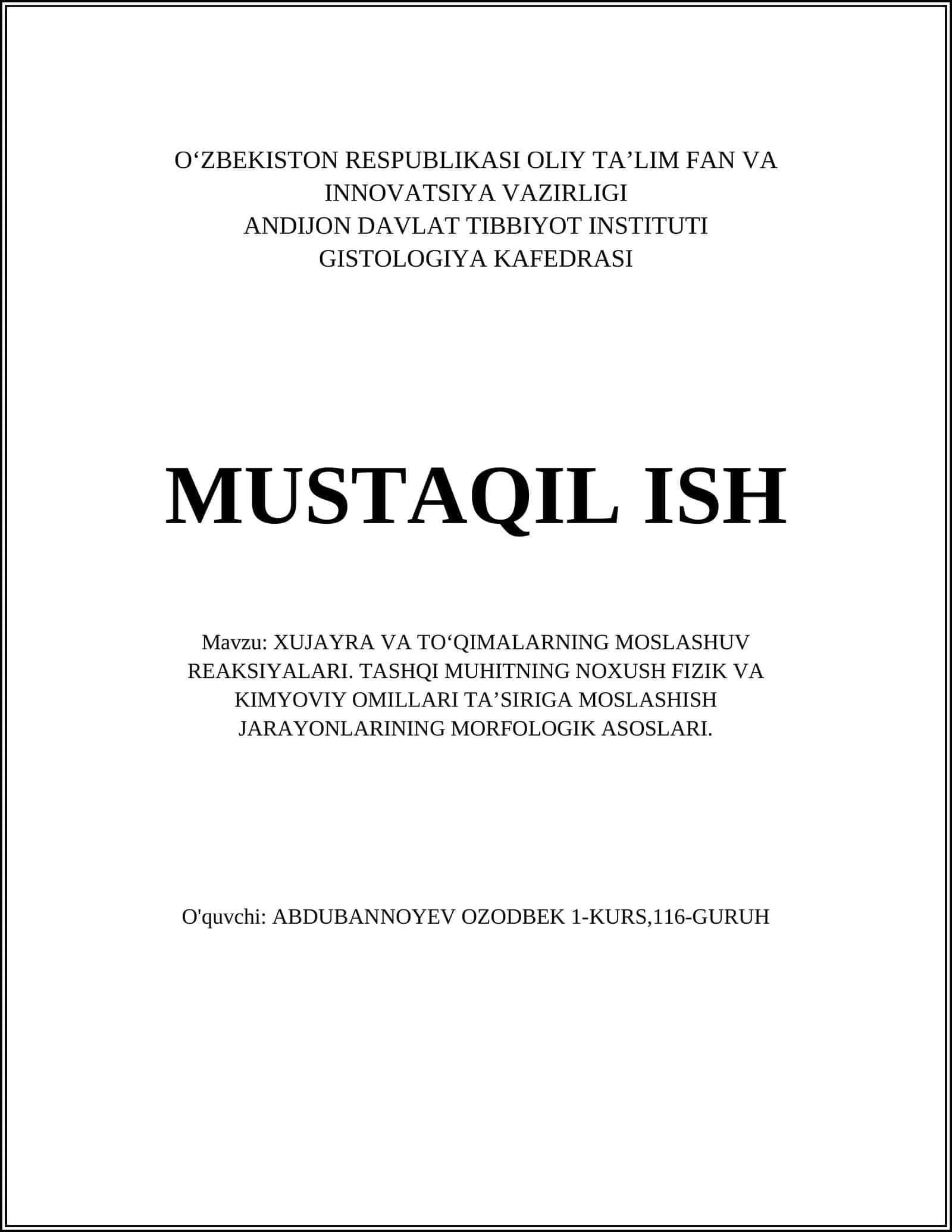 XUJAYRA VA TO‘QIMALARNING MOSLASHUV REAKSIYALARI 1