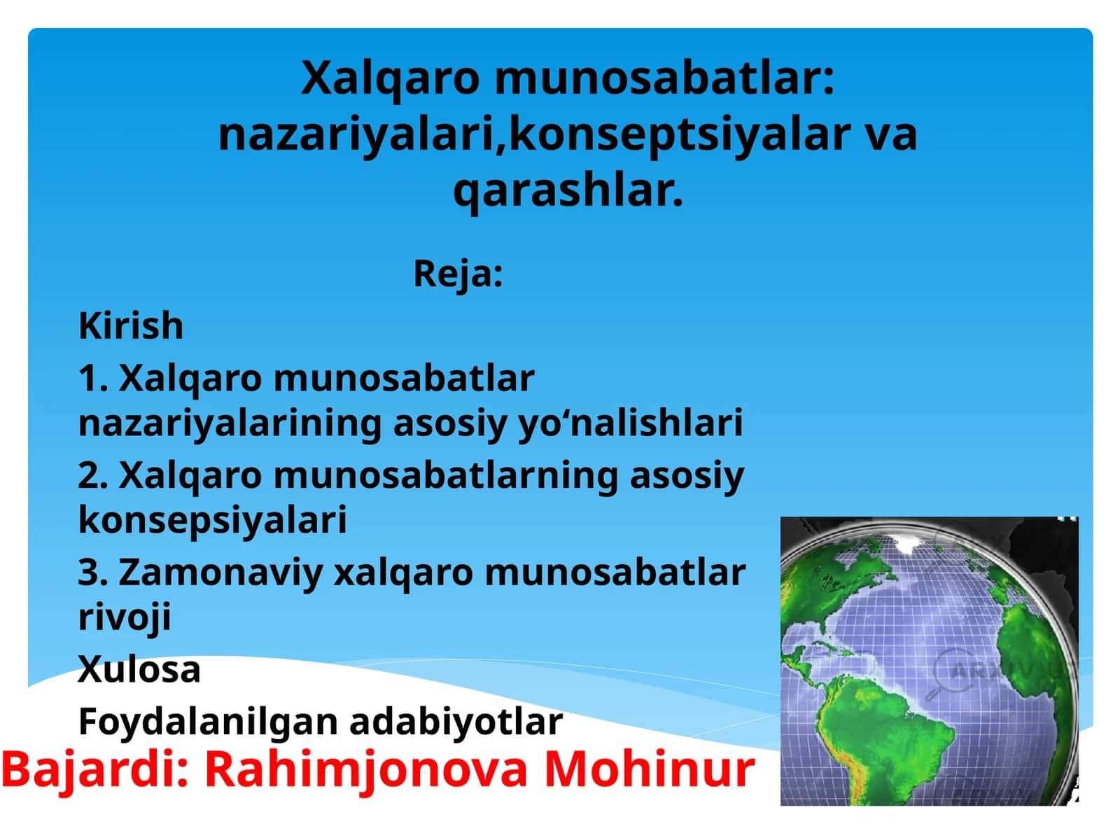 Xalqaro munosabatlar nazariyalari,konseptsiyalar va qarashlar. 1