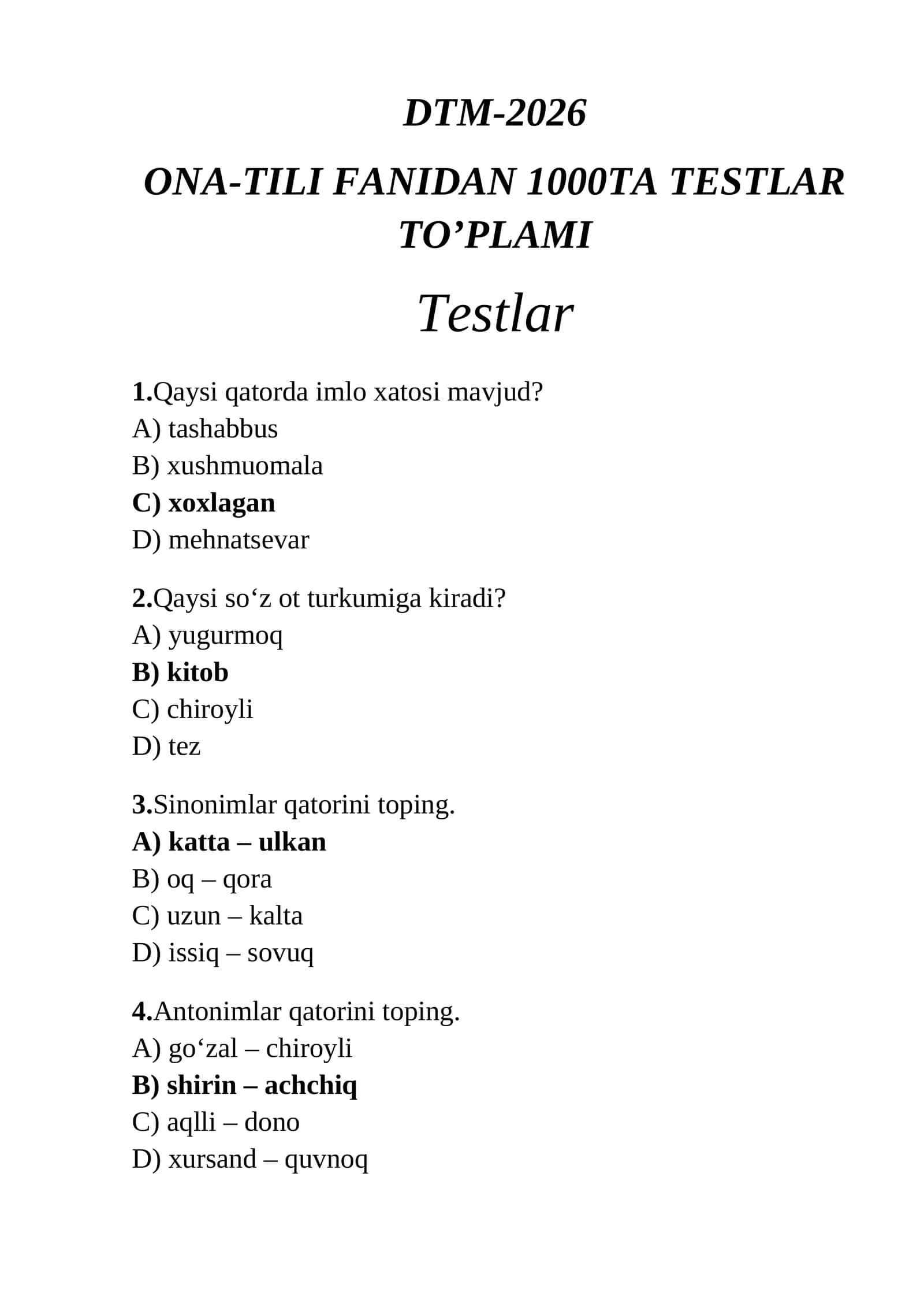 ONA-TILI FANIDAN 1000TA TESTLAR TO’PLAMI DTM-2026 1