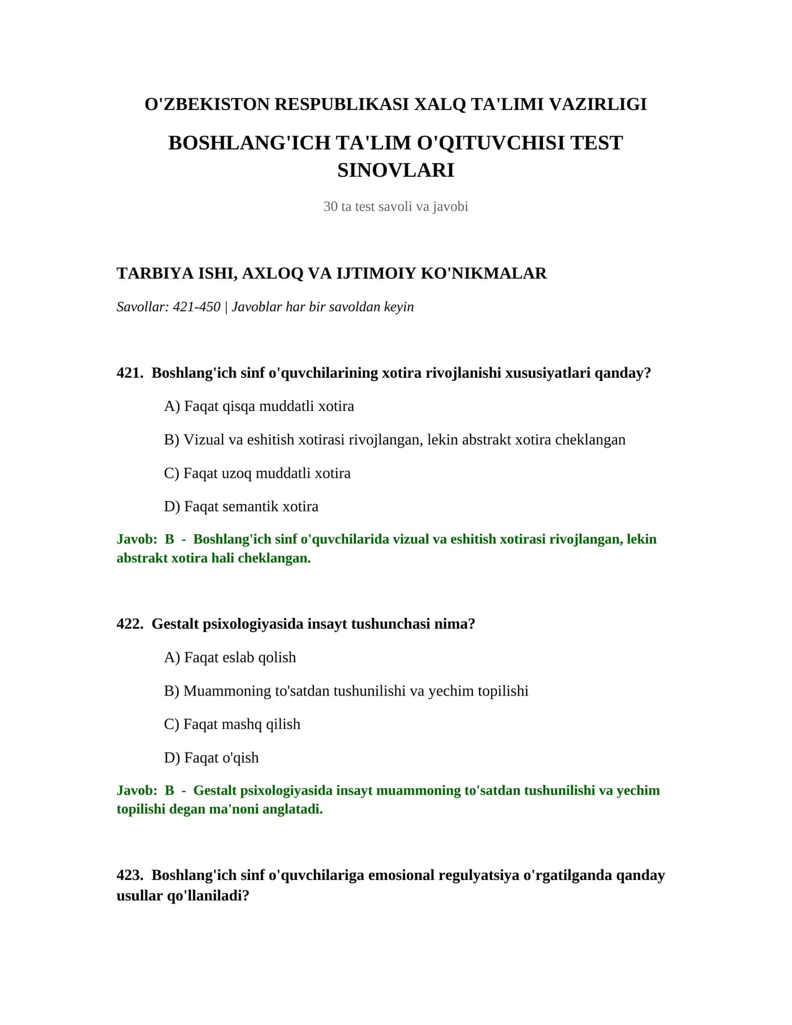 Boshiq TA'LIM O'QITUVCHISI TEST SINOVLARI 1