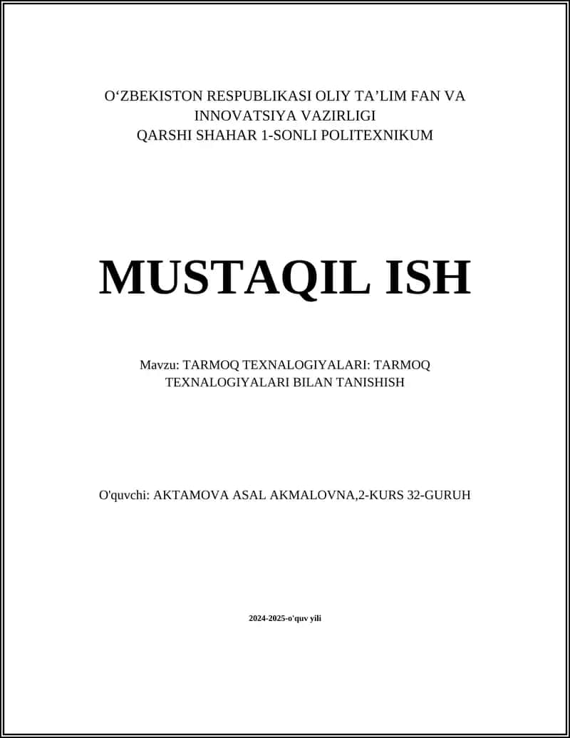 Tarmoq texnologiyalari asoslari 1