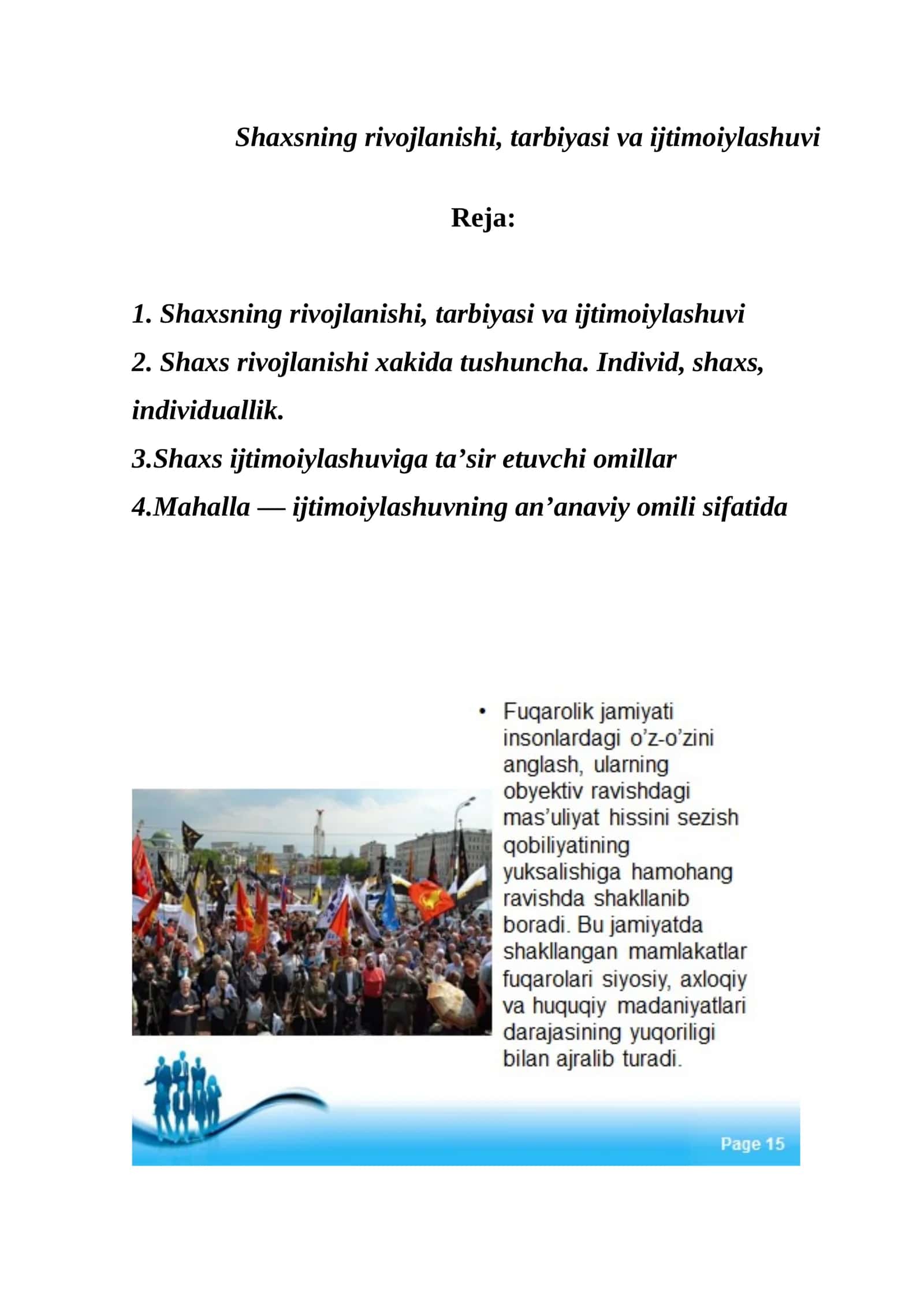 Shaxsning rivojlanishi, tarbiyasi va ijtimoiylashuvi 1