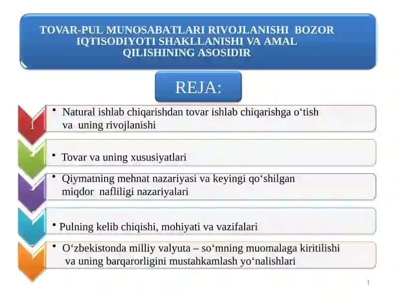 Pul munosabatlari rivojlanishi bozoriqtisodiyoti shakllanishi va amalqilishning asosidir