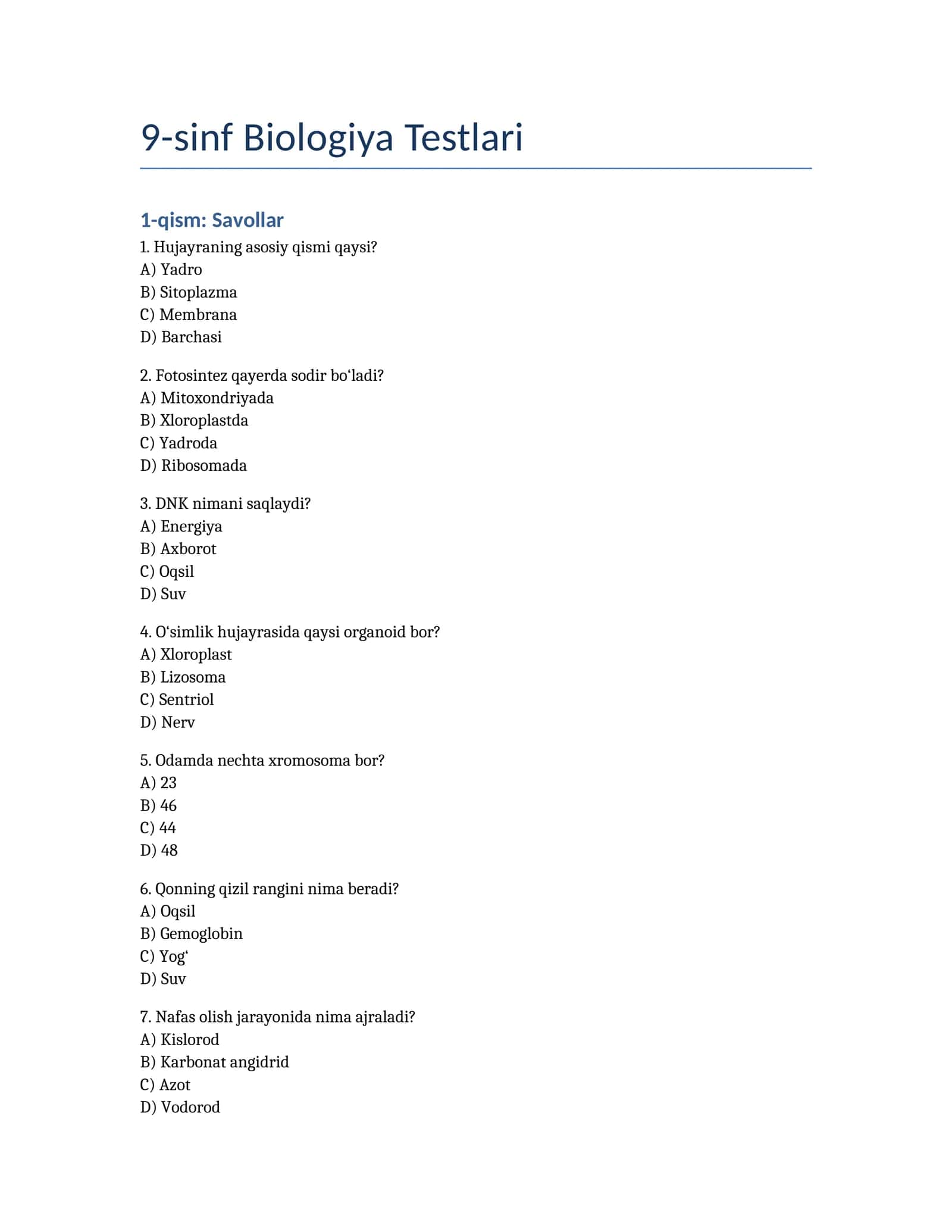 9-sinf Biologiya Testlari 1