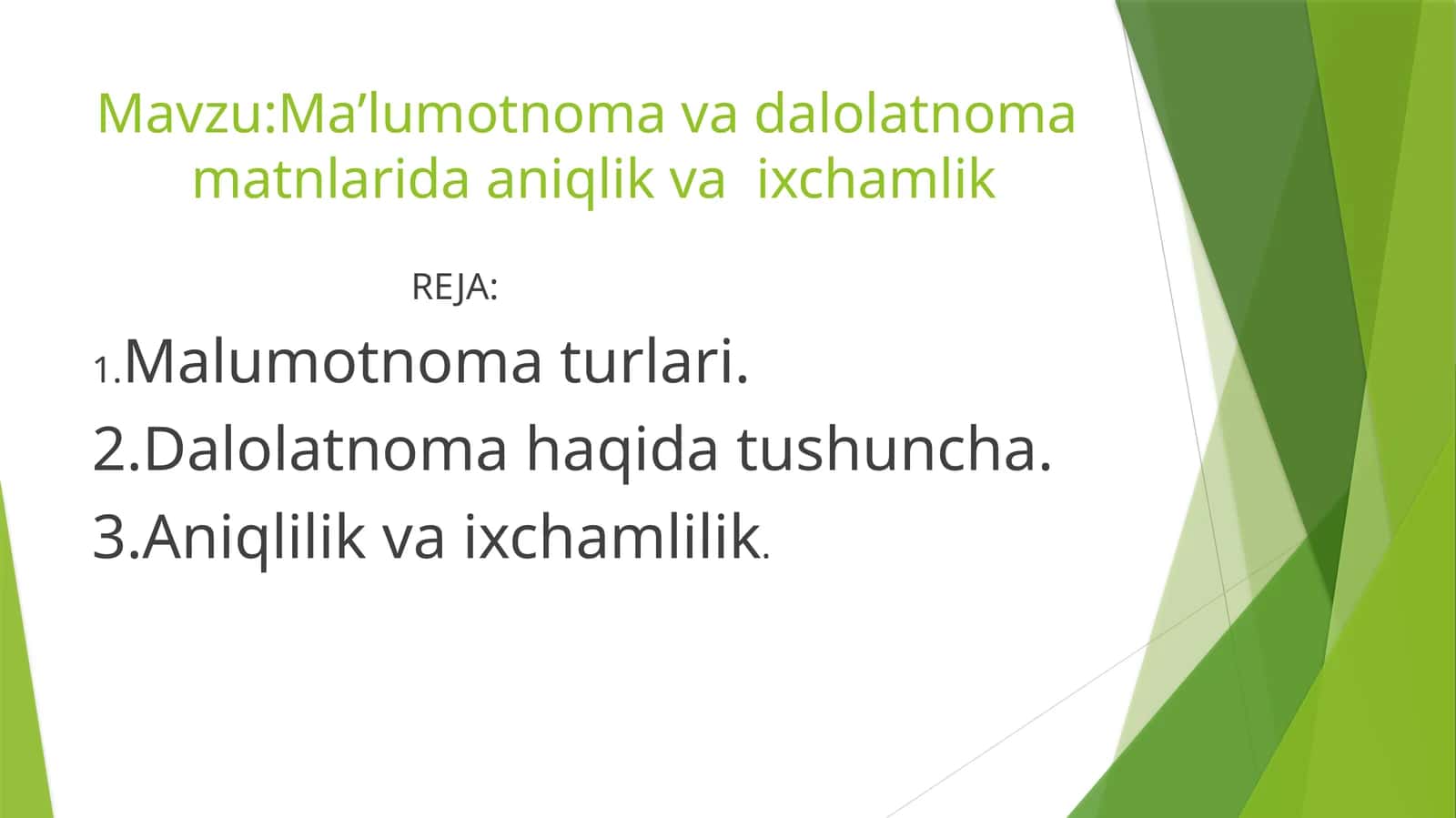 Ma’lumotnoma va dalolatnoma  matnlarida aniqlik va  ixchamlik 1