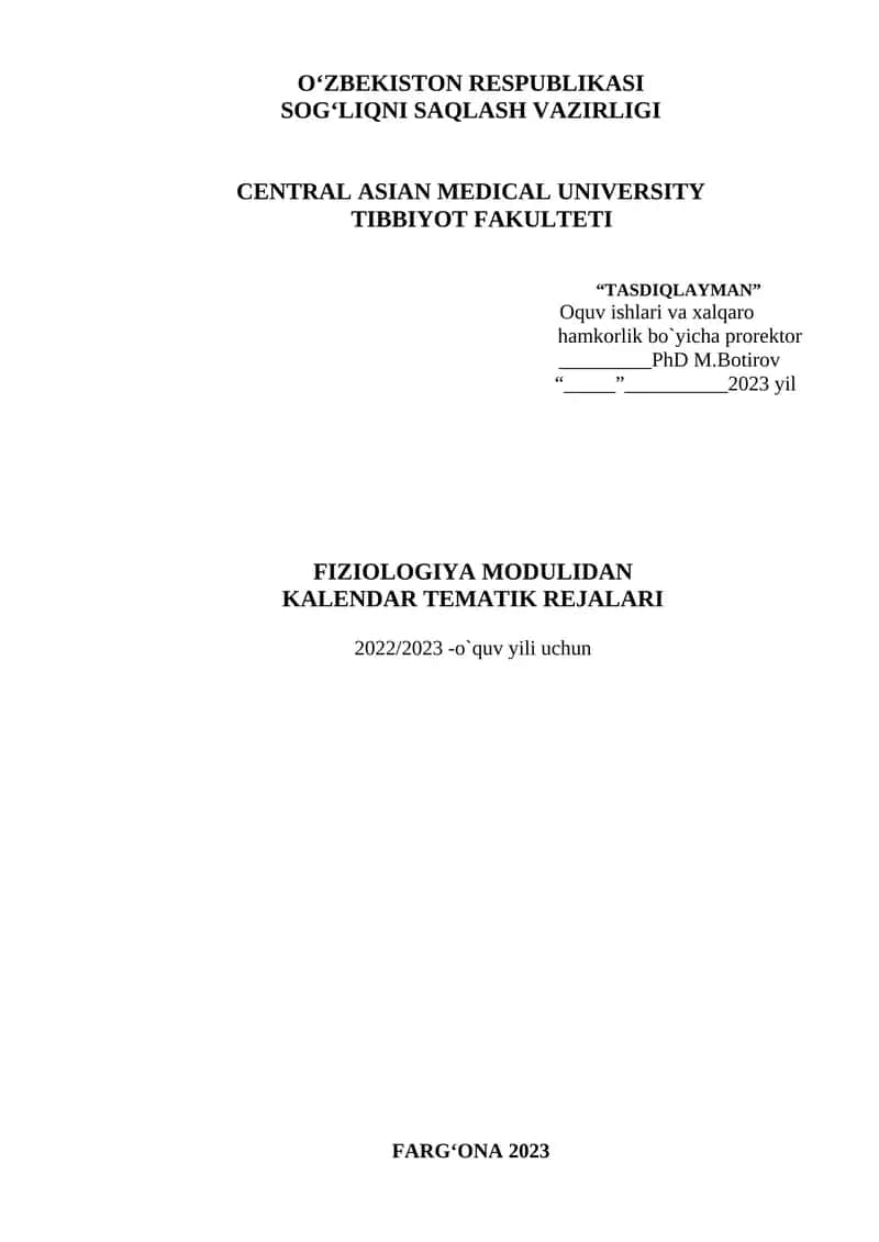 FIZIOLOGIYA MODULIDAN KALENDAR TEMATIK REJALARI 1