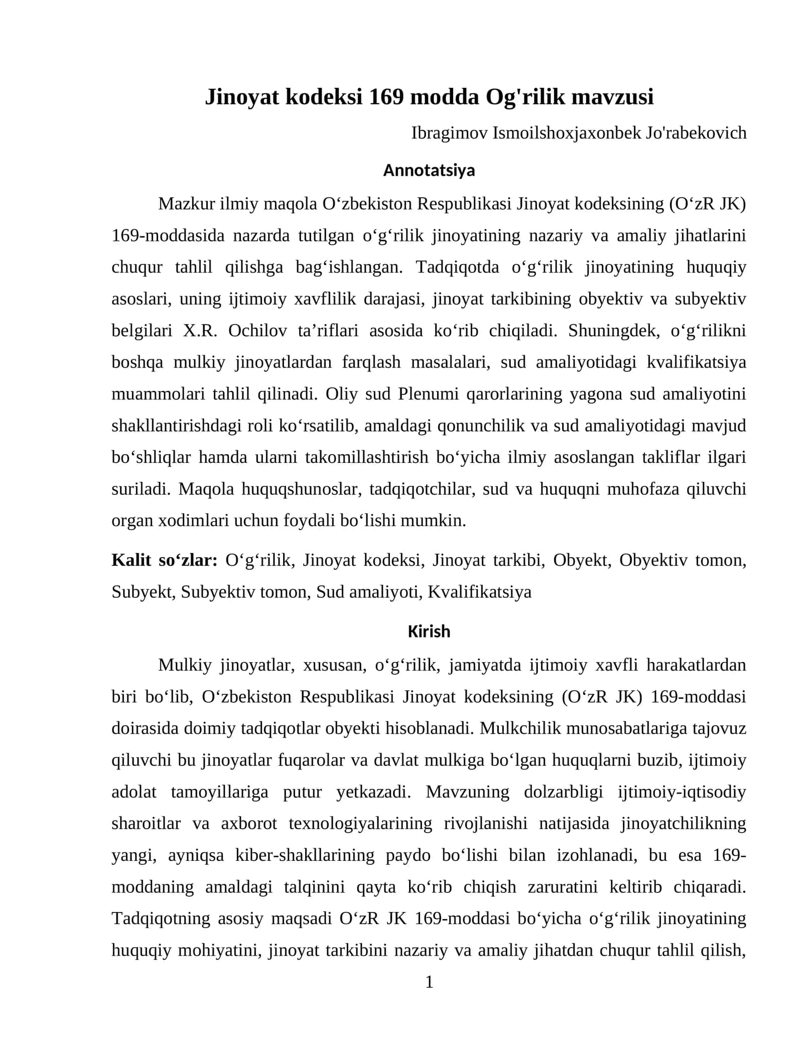 Jinoyat kodeksi 169 modda Og'rilik mavzusi maqola 1