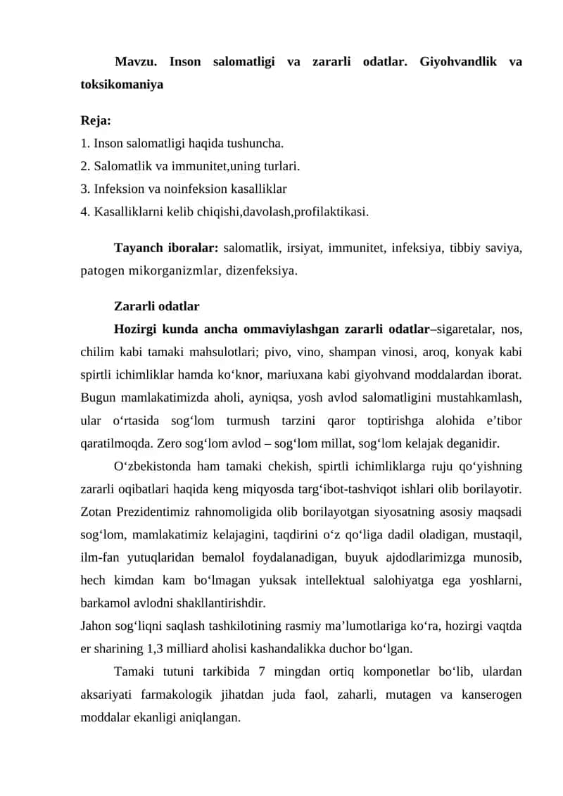 Inson salomatligi va zararli odatlar 1
