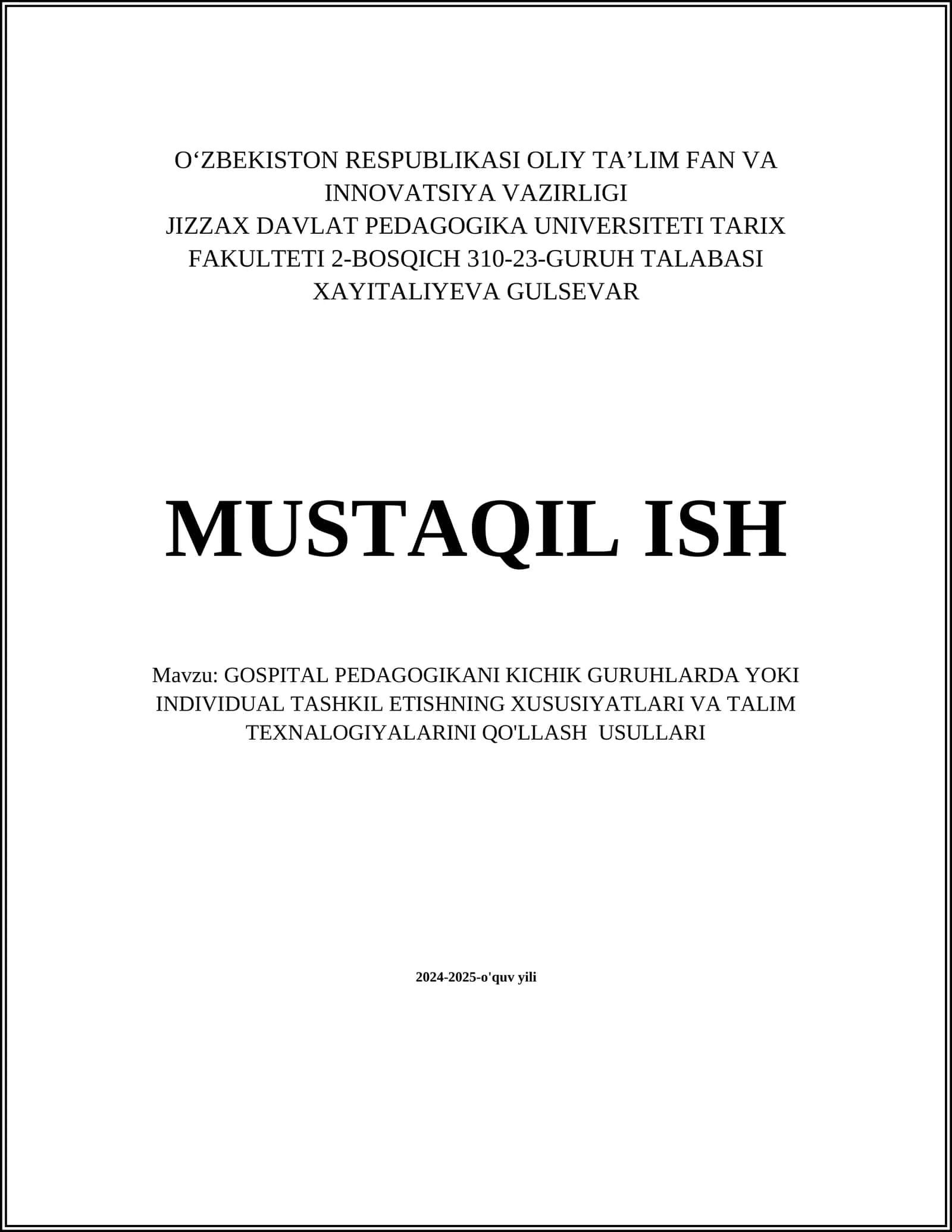 GOSPITAL PEDAGOGIKASI KICHIK GURUHLARDA 1