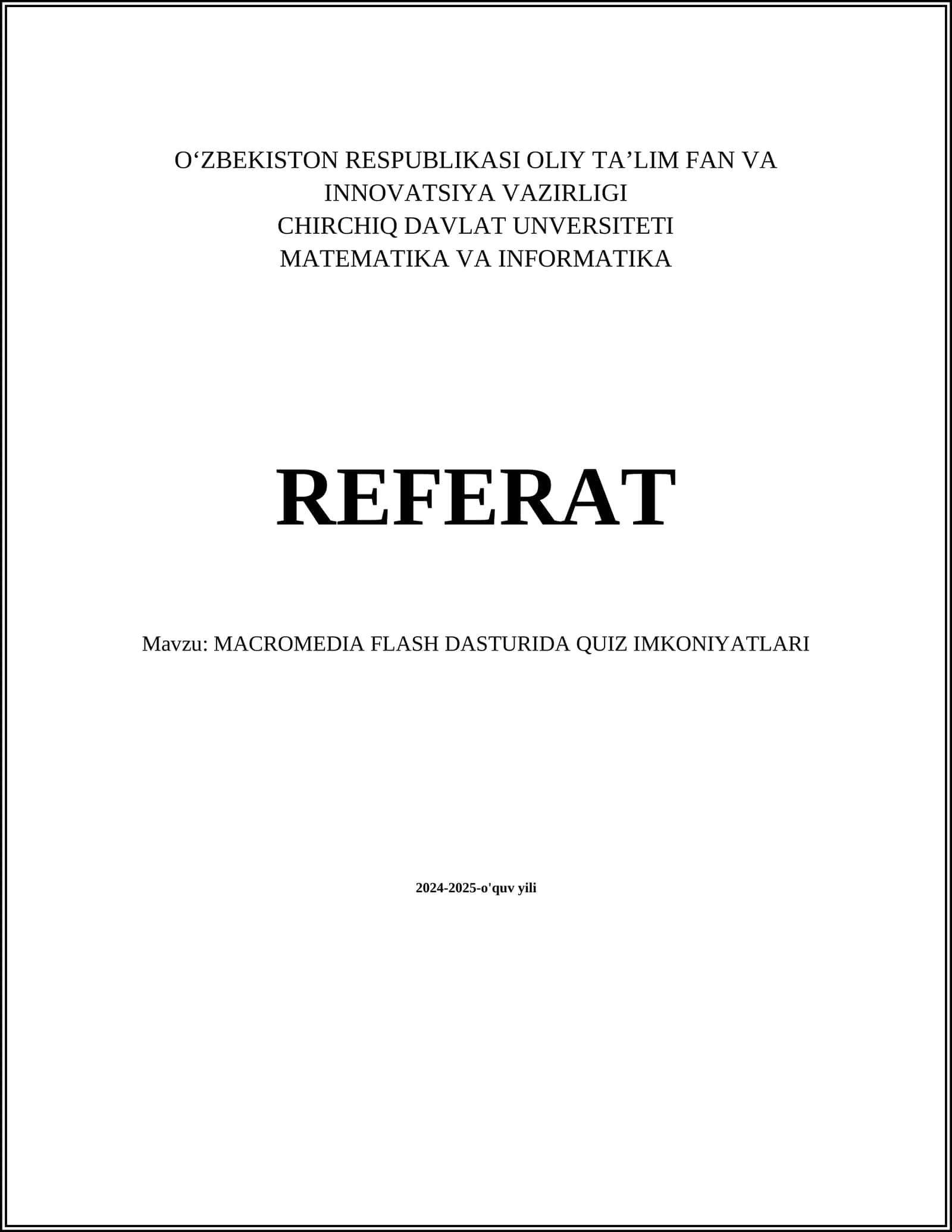 MACROMEDIA FLASH DASTURIDA QUIZ IMKONIYATLARI 1