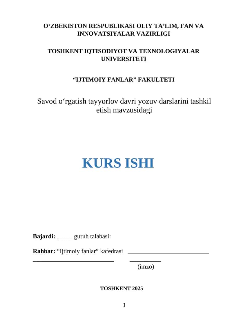 Savod o‘rgatish tayyorlov davri yozuv darslarini tashkil etish 1