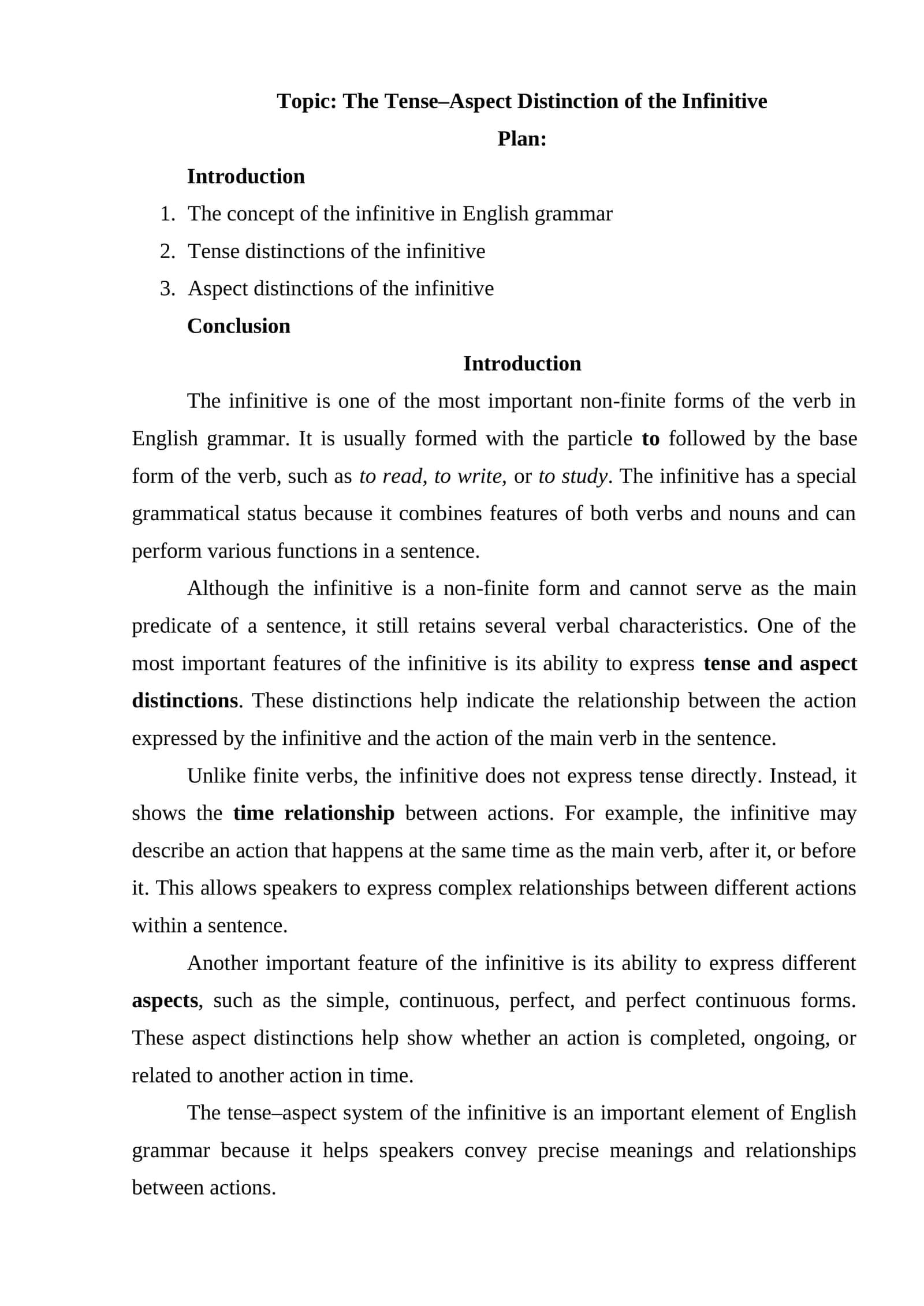 The Tense–Aspect Distinction of the Infinitive 1