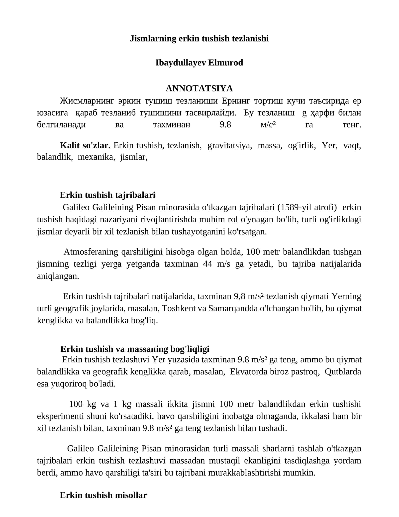 Жисмларнинг эркин тушиш тезланиши 1