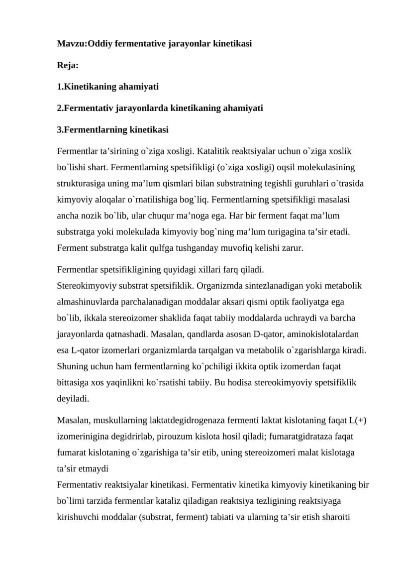 Oddiy fermentative jarayonlar kinetikasi 1