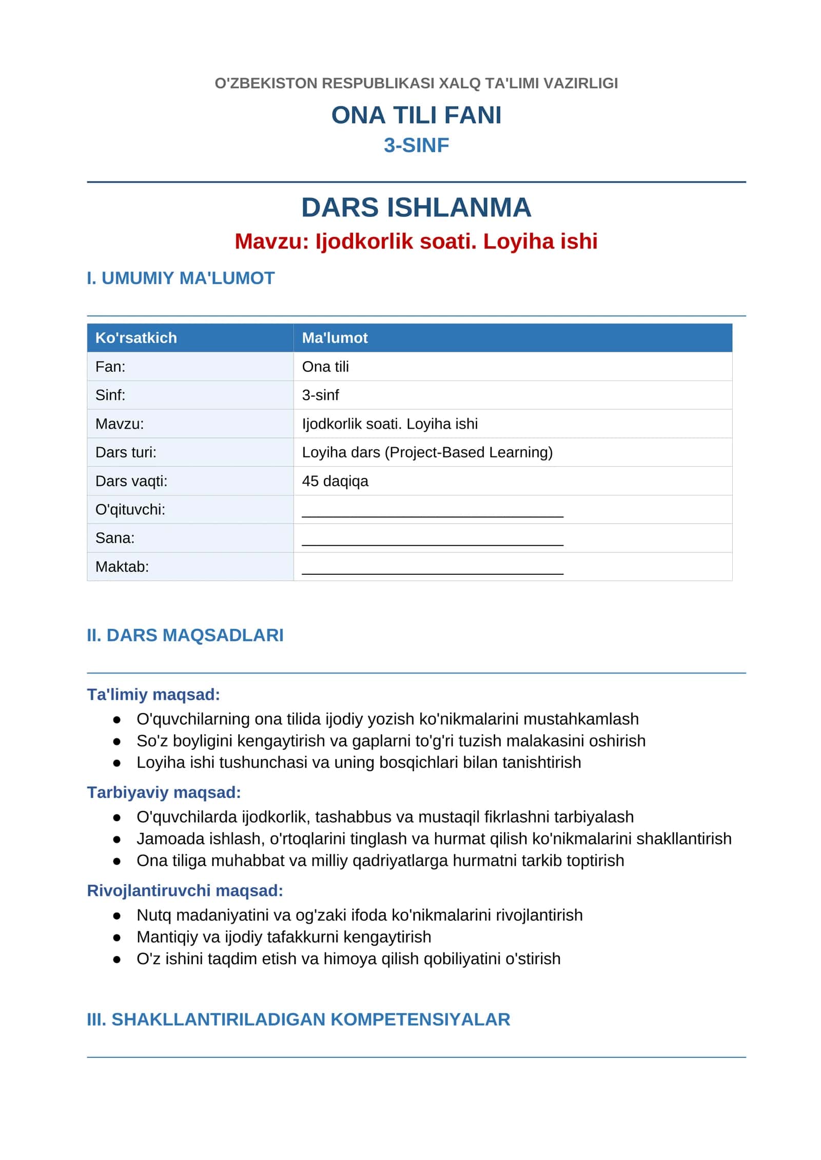 3-Sinflar uchun Ona tili fanidan "Ijodkorlik soati. Loyiha ishi" mavzusida dasr ishlanma 1