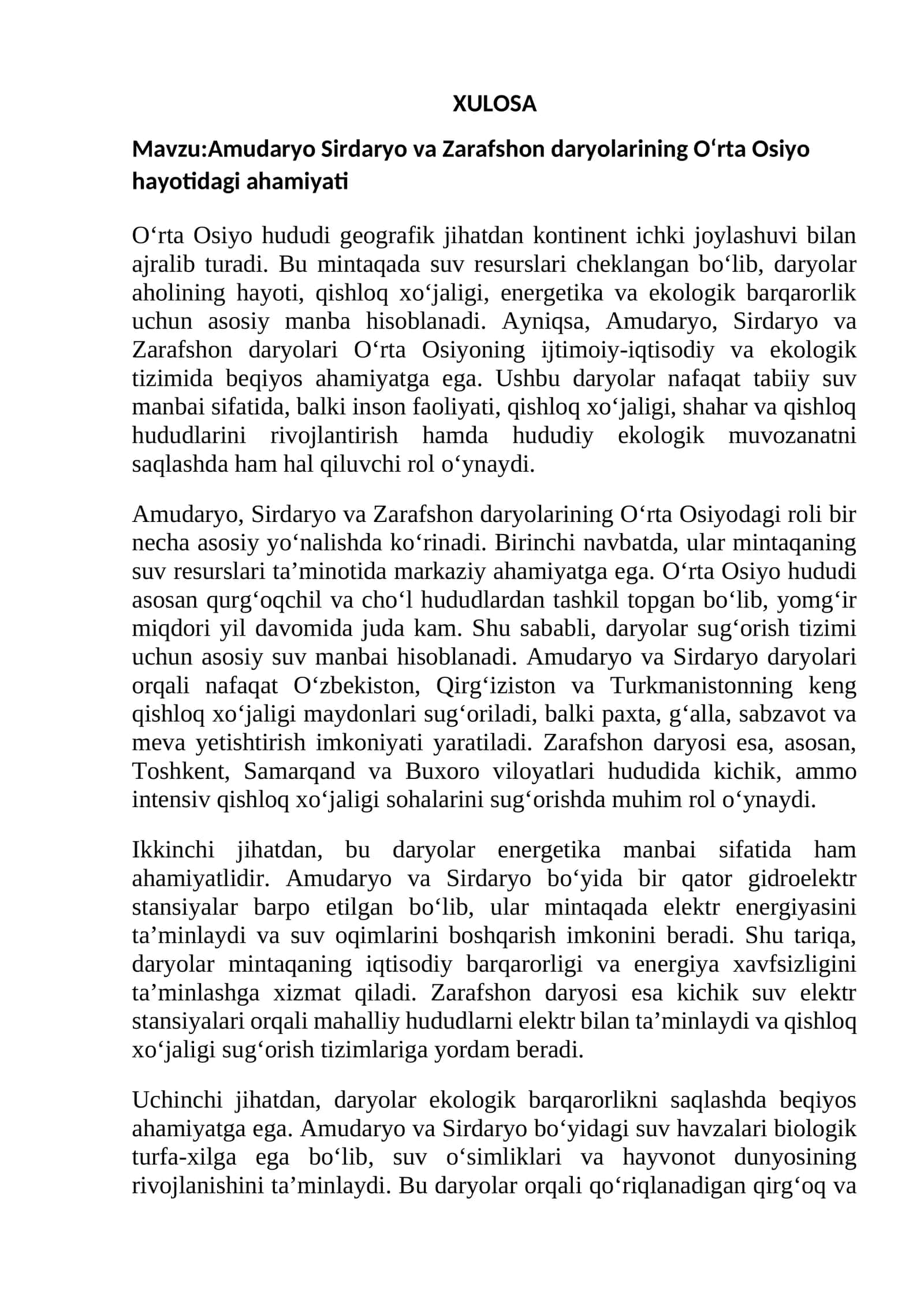 Amudaryo Sirdaryo va Zarafshon daryolarining O‘rta Osiyo hayotidagi ahamiyati 1