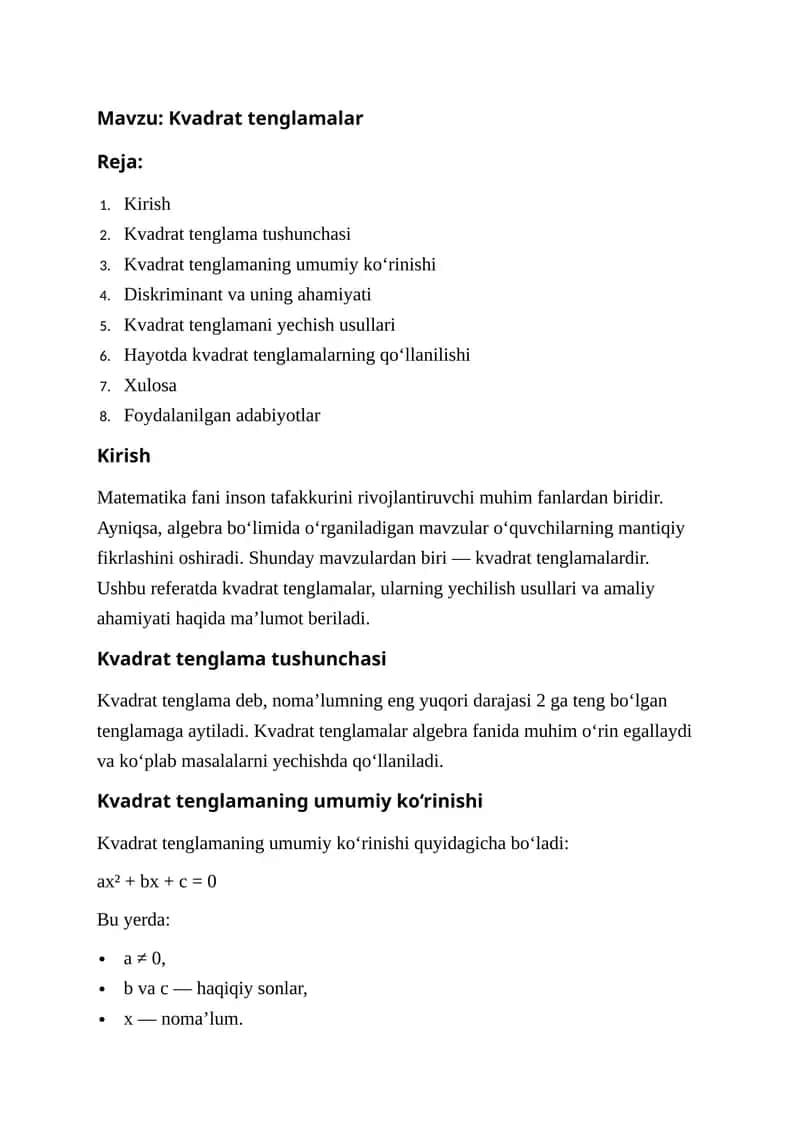 Matematika 9 sinf kvadrat tenglamalar 1