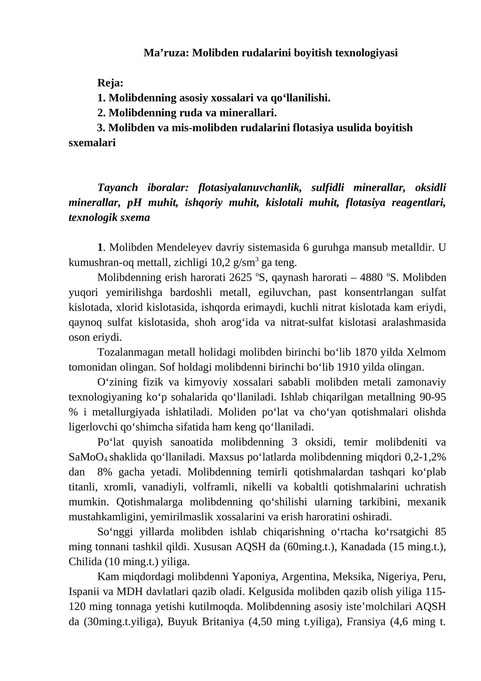 Ma’ruza: Molibden rudalarini boyitish texnologiyasi 1