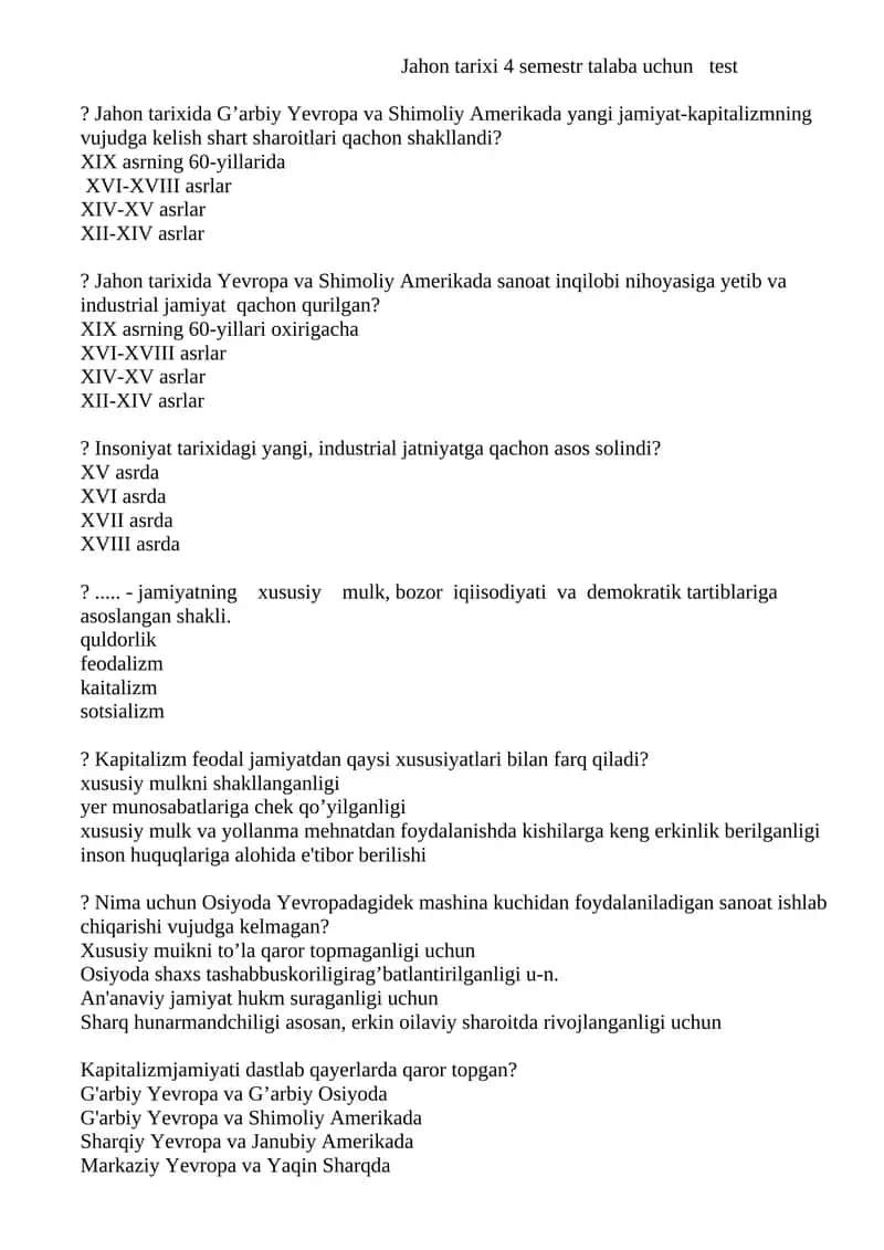 Jahon tarixi test savollari 1