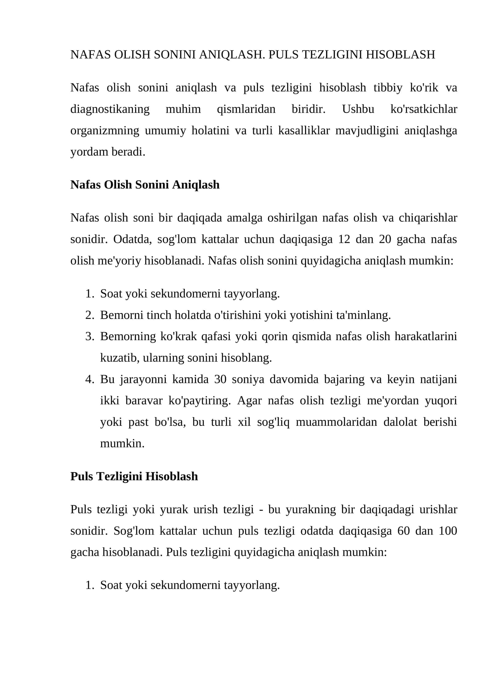 Nafas Olish Sonini Aniqlash. Puls Tezligini Hisoblash 1