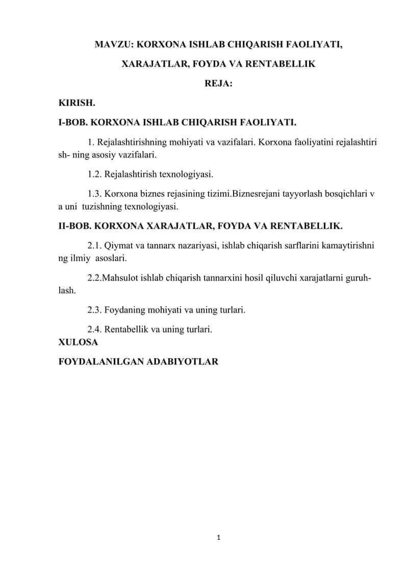 Korxona ishlab chiqarish faoliyati 1