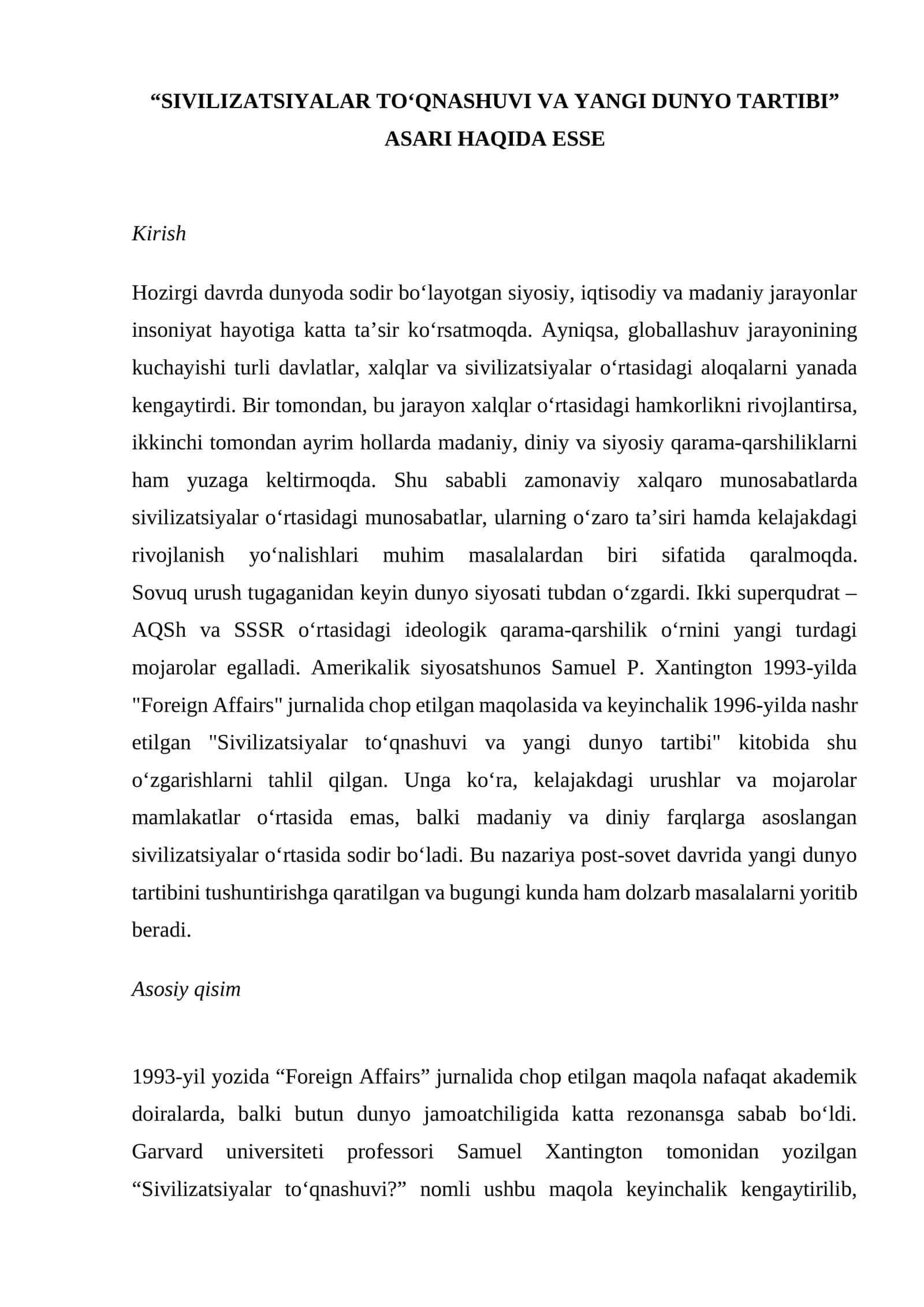 “SIVILIZATSIYALAR TO‘QNASHUVI VA YANGI DUNYO TARTIBI” ASARI HAQIDA ESSE 1