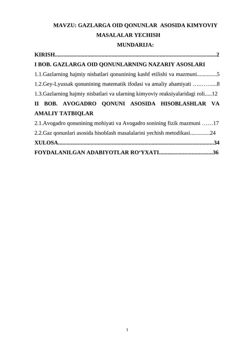 GAZLARGA OID QONUNLAR ASOSIDA KIMYOVIY MASALALAR YECHISH 1