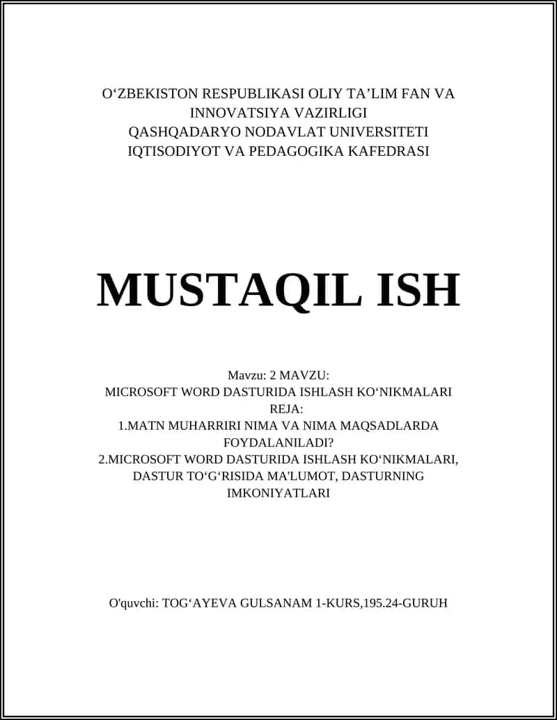 MICROSOFT WORD DASTURIDA ISHLASH KOʻNIKMALARI 1