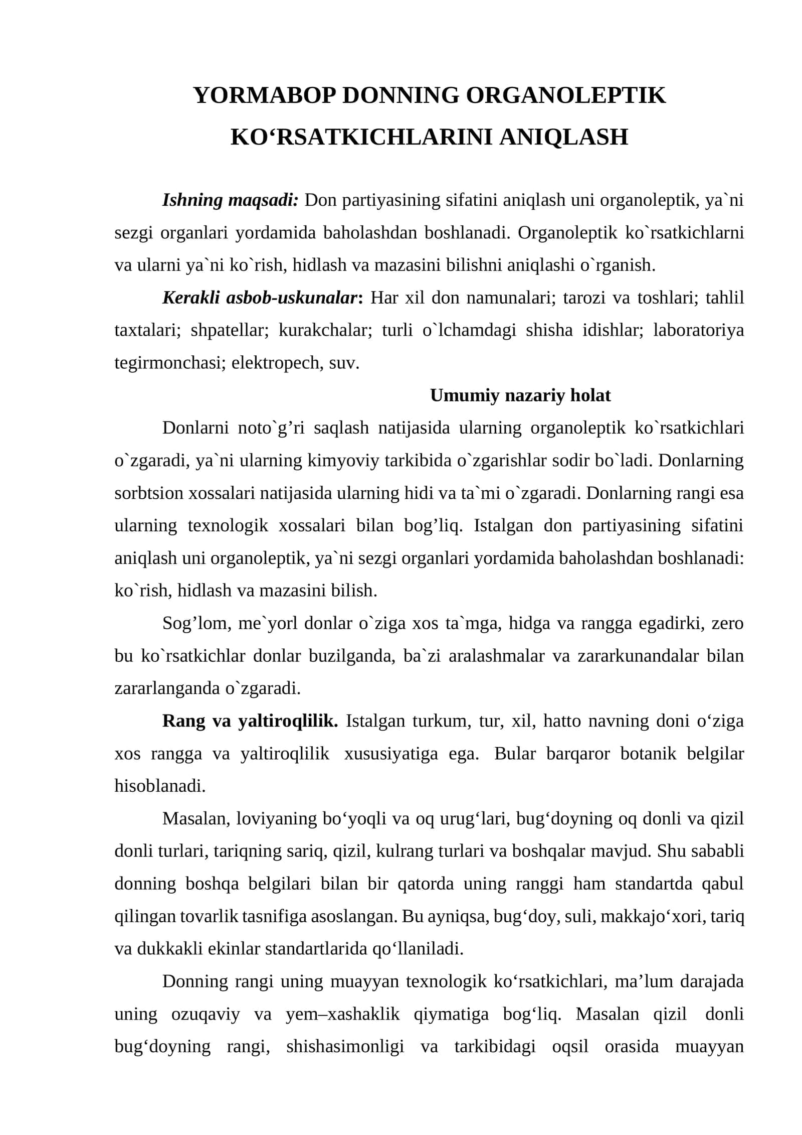 Donning Organoleptik Ko’rsatkichlarini Aniqlash 1