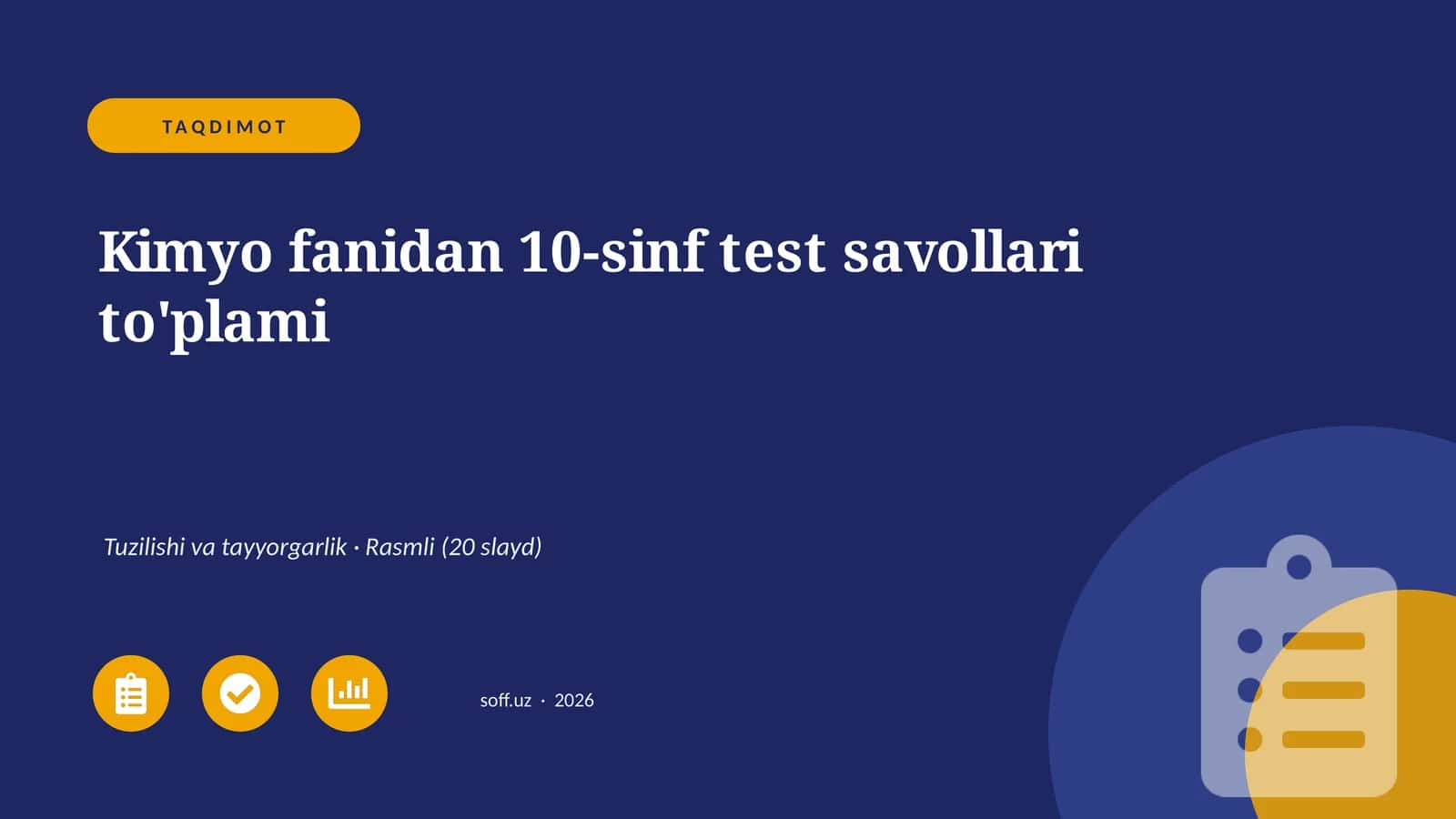 Kimyo fanidan 10-sinf test savollari to'plami 1