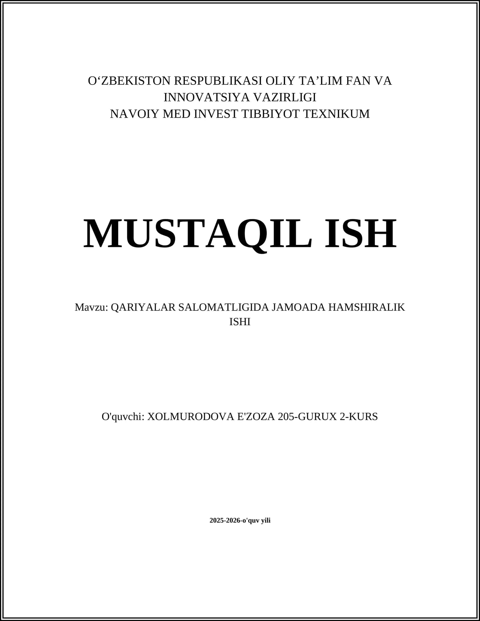 QARIYALAR SALOMATLIGIDA JAMOADA HAMSHIRALIK ISHI 1