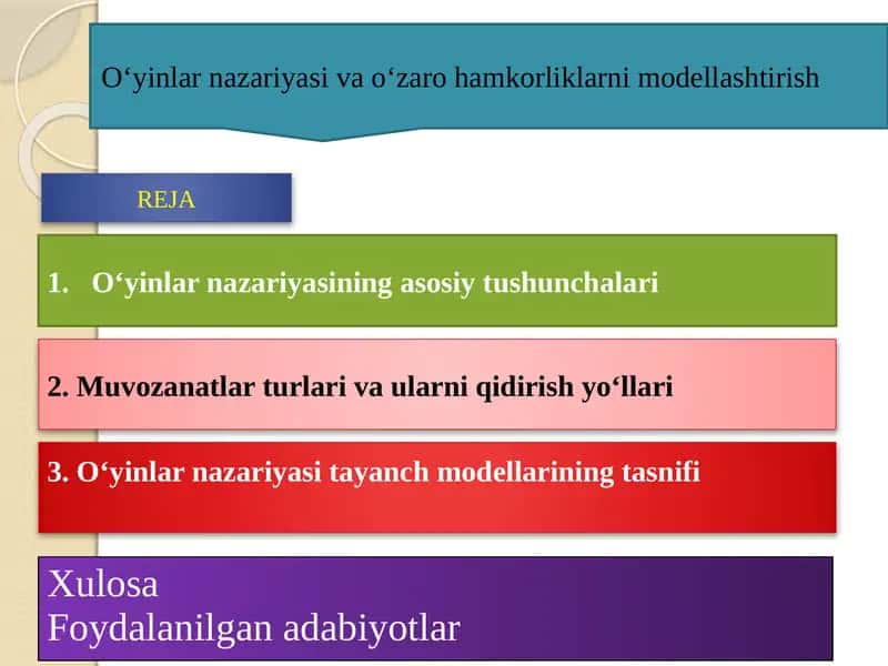 O`yinlar nazariyasi va o`zaro hamkorliklarni modellashtirish 1