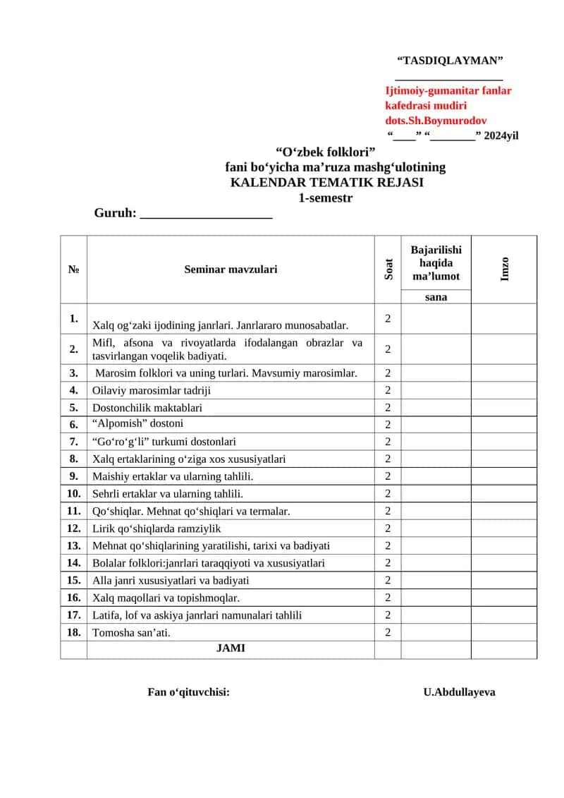 O‘zbek Folklori Kalendar Tematik Rejasi 1
