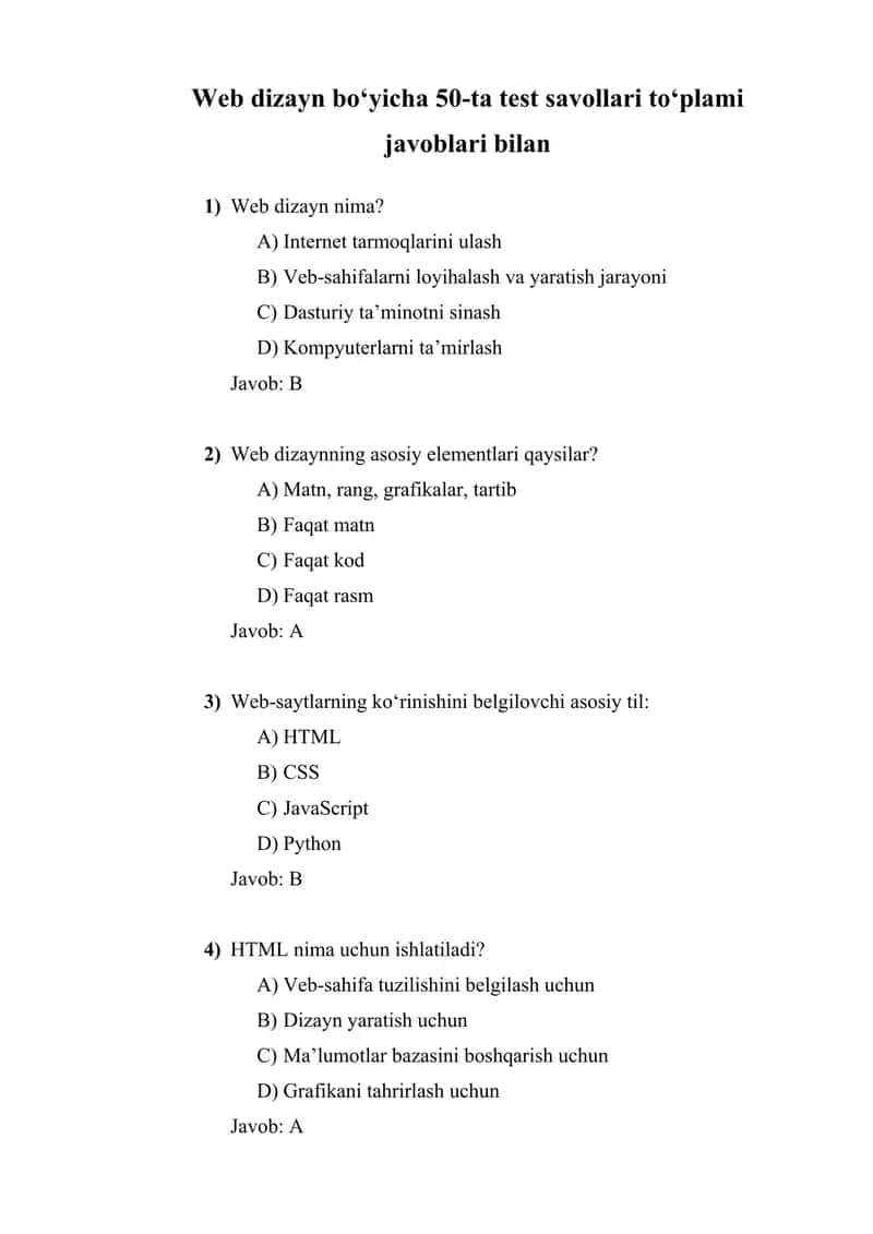 Web dizayn boʻyicha 50-ta test savollari to‘plami  javoblari bilan 1