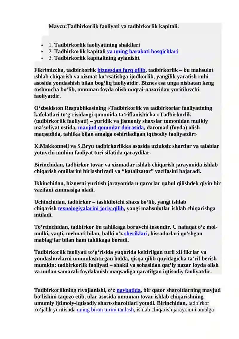 Tadbirkorlik faoliyati va tadbirkorlik kapitali