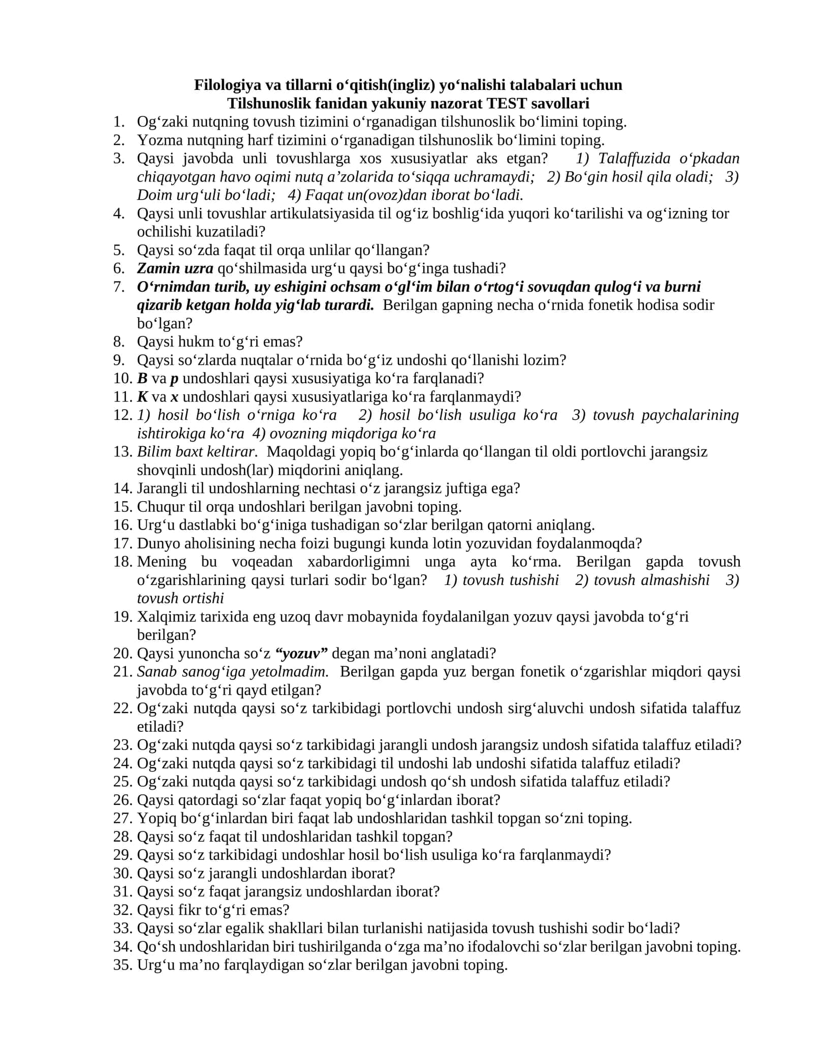 Tilshunoslik fanidan yakuniy nazorat TEST savollari 1