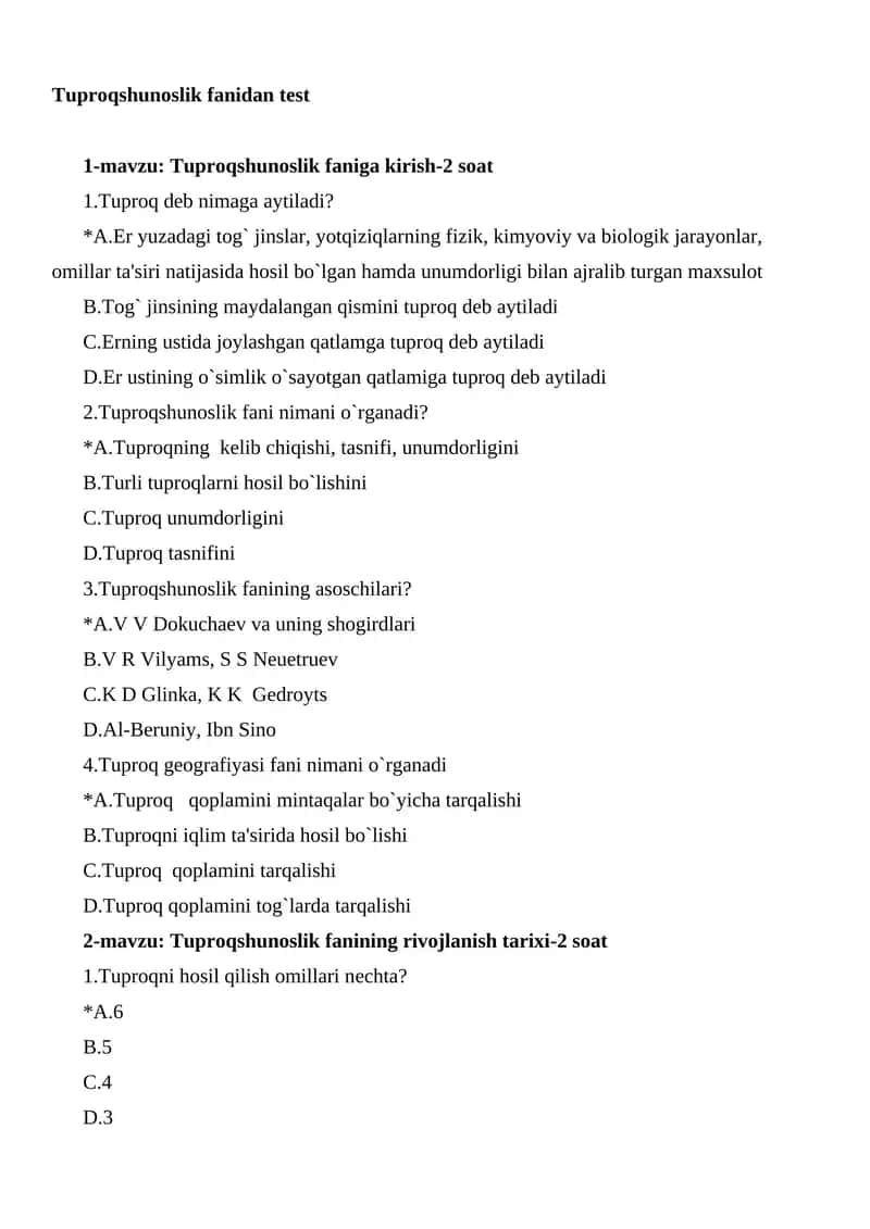 Tuproqshunoslik fanidan test 1